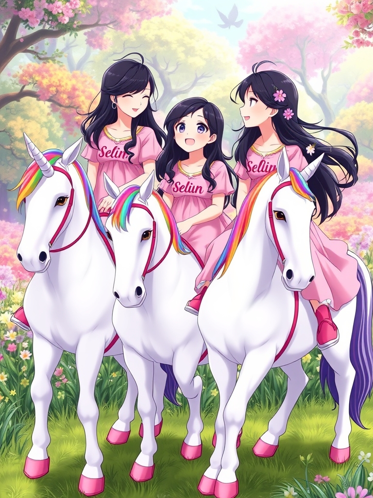 ستین،سوین و سلین سه خواهر سه قلو هستند که هر سه تاشون سوار سه اسب تک شاخ و سفید با مو های مانند رنگین کمان هستند و هر سه لباسهای صورتی دامندار به تن دارند و هر سه تاشون کفش صورتی دارند و موهای بلند و مشکی دارند و هر کدام نام هاي آنها setin و sevin و selin را با خطوط زیبا روی لباس هایشان نوشته است و هر سه تاشون با لبخندی ملایم به خواهرانش مینگرد. با هم میخندند و موهایشان در نسیم بهآرامی تکان میخورد و گلها همچنان روی موهایشان میدرخشند و با لبخندی ملایم و پشت سرشان جنگل پر از گل است21