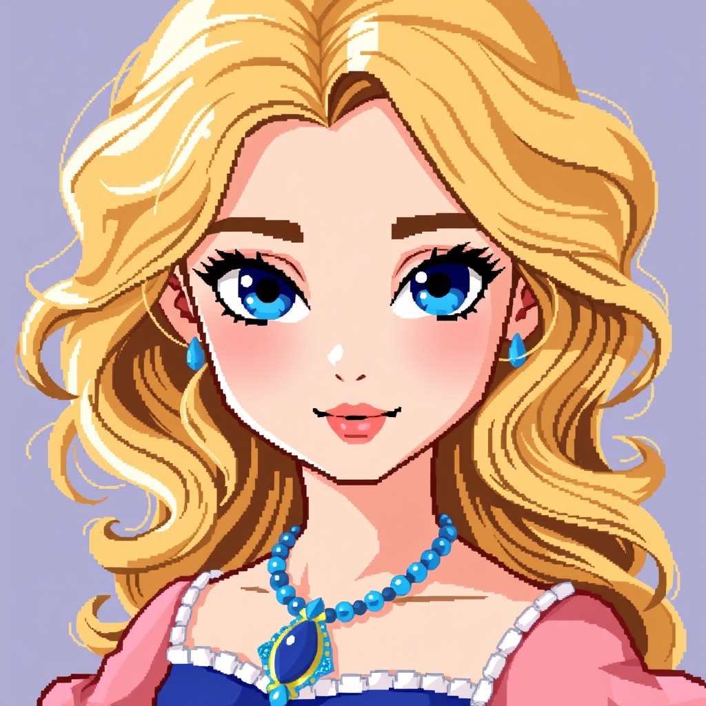 دختری با موهای خوش رنگ ترکیب طلایی و زرد در حالی که کمی موهایش موج‌دار هستندو موهای آمبولان است و دور شانه‌اش ریخته و باز است و چشمانی دارد به رنگ آبی یاقوتی لب‌های بزرگ و خوش فرم به رنگ صورتی ملیح و متناسب و گردنبندی زیبا و گران قیمت آبی به گردن دارد لباسی سلطنتی به تن دارد پیراهنی به رنگ آبی و دامن آن صورتی لبخندی مغرورانه دارد به سبک پیکسلی8