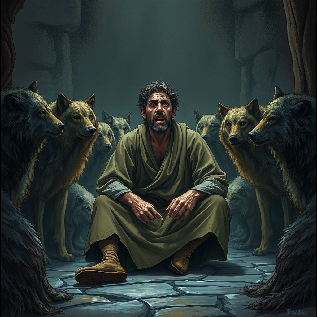 یک مرد ترسیده و نشسته است و در خطر مرگ گرگ ها محاصره اش کرده اند منتظر یک ناجی در دوران قرون وسطا9