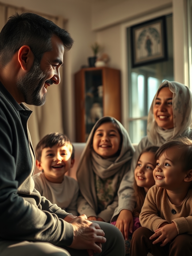 
“An image of an Iranian family of five inside their home. The father, with a short beard, is speaking and smiling. The mother is wearing a floral chador, listening to the father, and smiling. The three children are sitting next to their parents, smiling and happy. The atmosphere of the house is warm and intimate, and there are symbols of religious beliefs and support for the Islamic Republic visible in the image.”3