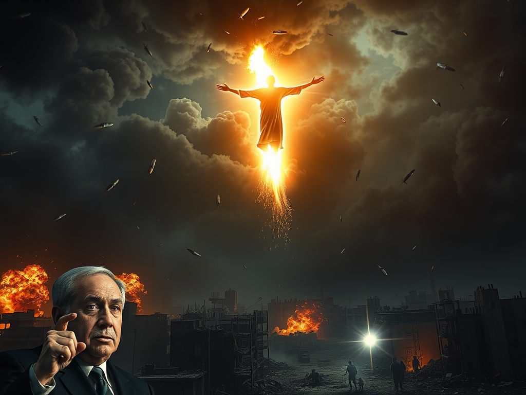 در میان موشک باران شهر جنگ زده غزه،که دود های غلیظ تمام آسمان را سیاه کرده اند،و زنان و کودکان گرسنه از قحطی جنگ که بی جان بر زمین افتاده اند،از وسط آسمان شکافی از نور گشوده شده که منجی عالم بشریت امام عصر عج با دستهایی رو به آسمان در حال فرود بر زمین و نجات غزه است و در این میان هاله ای از تصویر نتانیاهو در گوشه ای که از ترس به خود شوکه شده پدیدار است که با وحشتی در چشمانش،به آن زنان و کودکان اشاره میکند وگویی که التماس میکند به او کمک کنند2