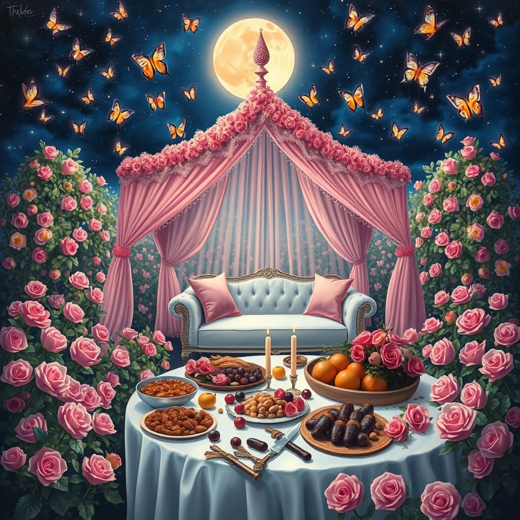 در شب پر ستاره پر از پروانه های درخشان باغ گل رز صورتی در احاطه درختان پر شکوفه سیب یک خیمه توری صورتی یک کاناپه سفید با کوسن های صورتی پر از گل های رز صورتی با میز سفید شام نان کباب گوشت و مرغ بریان آجیل میوه مثل انگور انار خرما با گل رز و خنجر


12