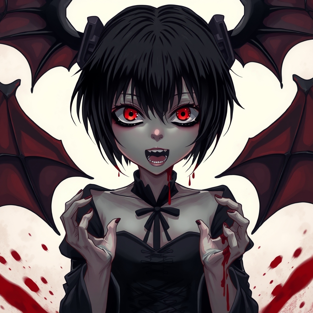 یک دختر با چشم های قرمز و موهای سیاه و لباس سیاه تنش و خون اشام با چهره ای وحشت زده و روب دستاش یکم خون در حال مرگ و داره می افته عکس کامل باشه در حالی که داره عقب عقب می رود و روی زمین می افتد20