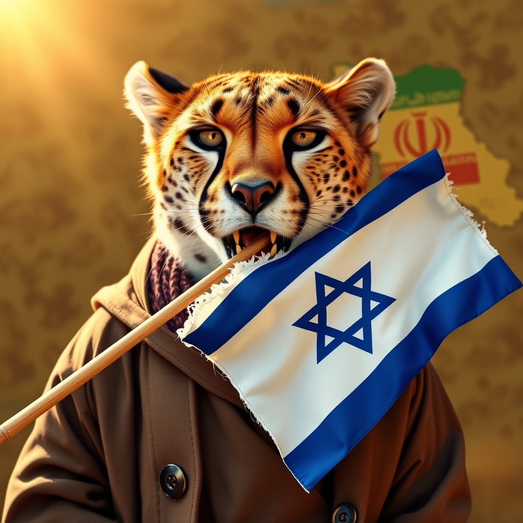 یک یوز پلنگ ایرانی که پرچم پاره اسرائیل را به دهان گرفته و پشت سرش نقشه ایران است 16