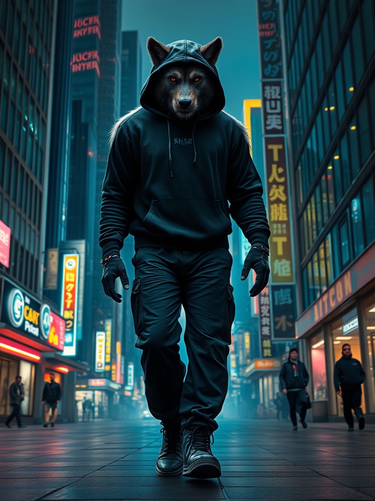 این تصویر یک خیابان شهری را نشان می‌دهد که در آن یک گرگینه با لباس‌های سیاه و در حال قدم زدن است. این گرگینه یک هودی سیاه، شلوار سیاه و دستکش‌های سیاه پوشیده است. خیلی خوش قد و قامت است.خیابان اطراف او با ساختمان‌های بلند و تابلوهای نئون روشن احاطه شده است فوق واقعی15