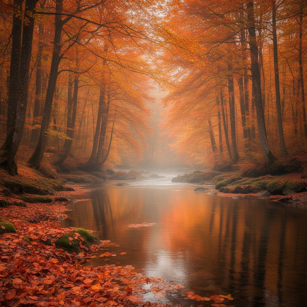 پاییز است یک رودخانه در جنگل که دور آن درخت است و تمام برگ ها نارنجی و زرد شده و ریخته است واقع گرایانه 3