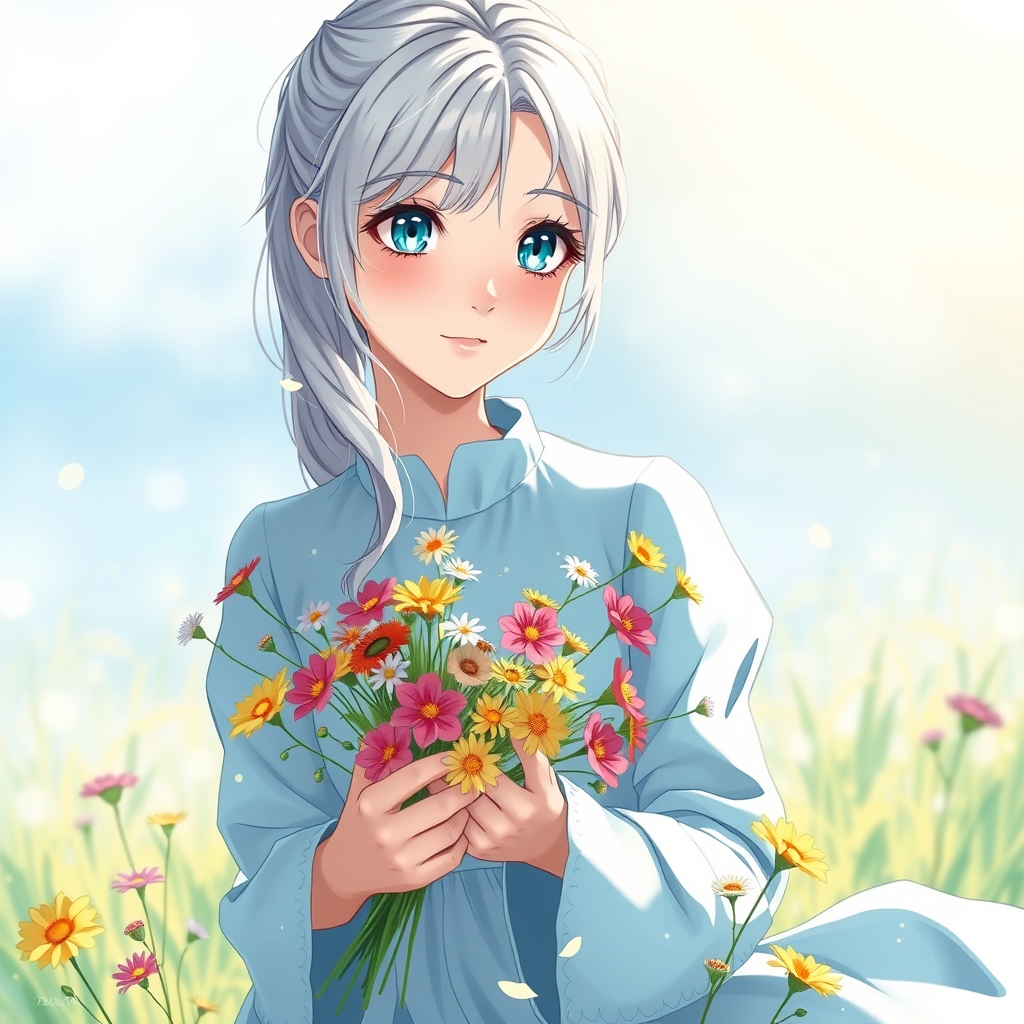 دختری با چشمان فیروزه ای و موهای نقره ای براق که در حاله چیدن گل است16