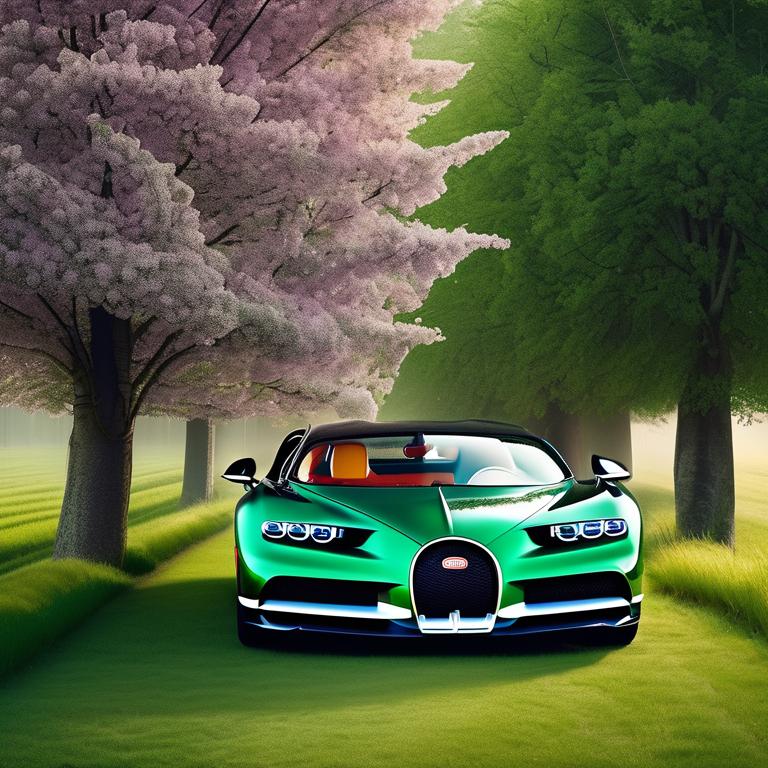 ماشین بوگاتی شیرون در دشت سرسبز پر از درخت و گل و گیاه
0