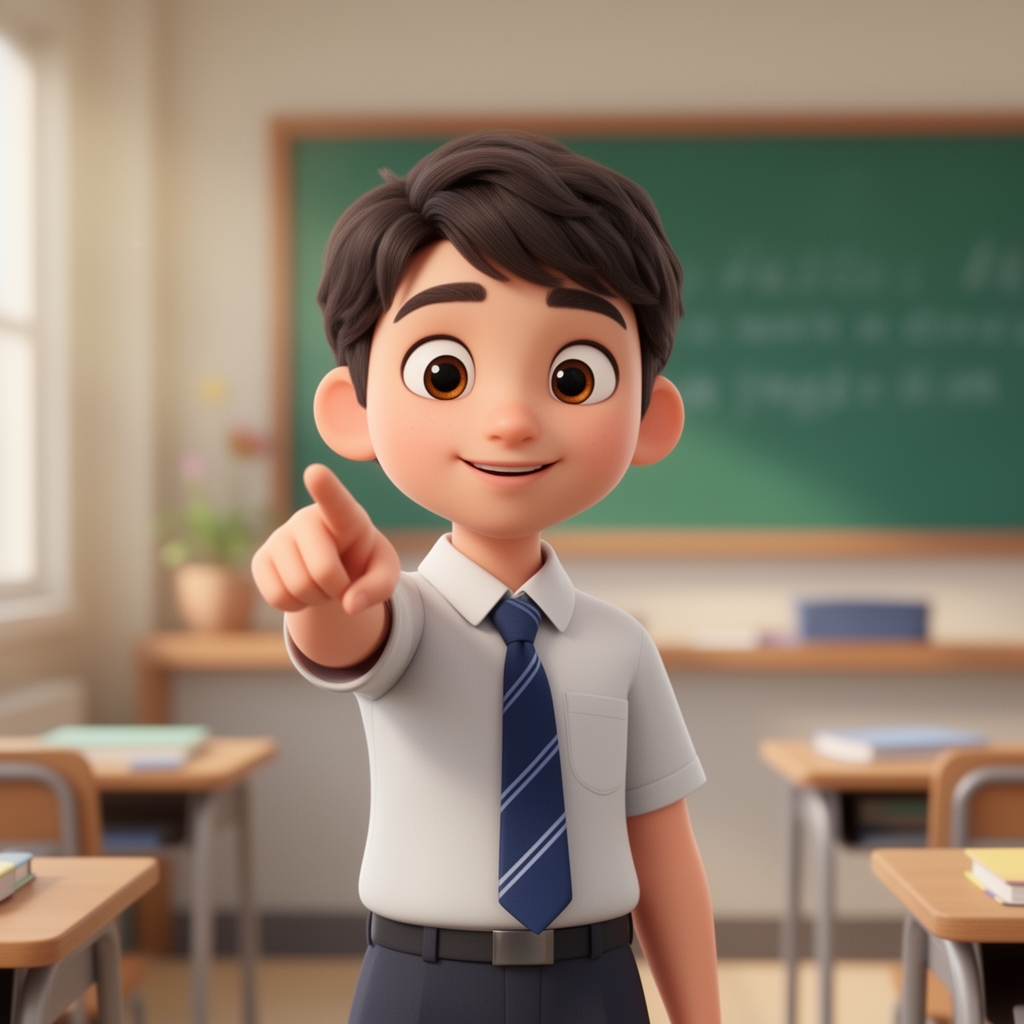 3D cartoon student in a classroom, facing the camera and gently pointing forward toward the viewer.
Friendly expression, simple school uniform.
Classroom background slightly blurred.
Educational 3D animation style.
No text, no logo, 16:9 aspect ratio.2