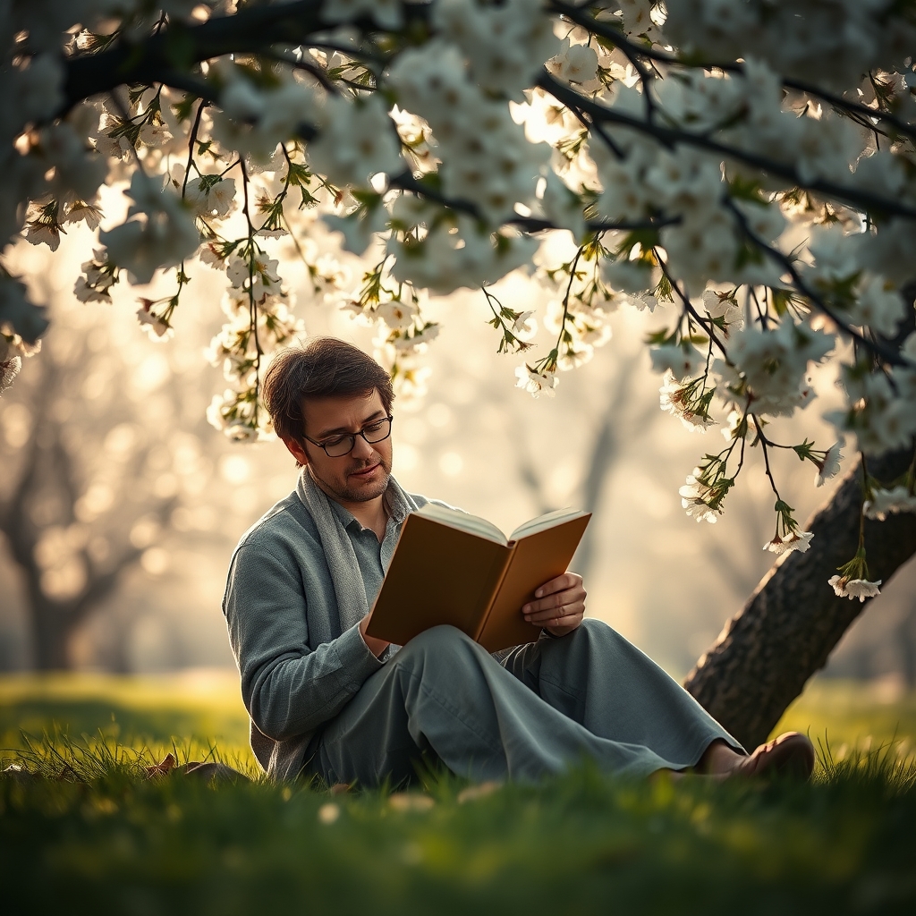یک شاعر نشسته زیر درختی پرشکوفه، در حال نوشتن در دفترچهای طلایی.2