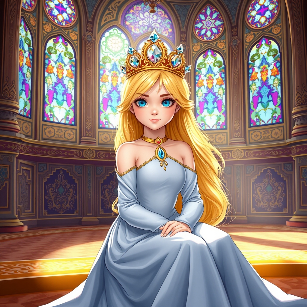 دختر با موهای طلایی داخل قصری با معماری زیبای ایرانی نشسته که پنجره های آن رنگارنگ هستند چشمان دختر آبی هست و لباس سلتنطی دارد با تاجی کریستالی و طلایی و زیبا 23