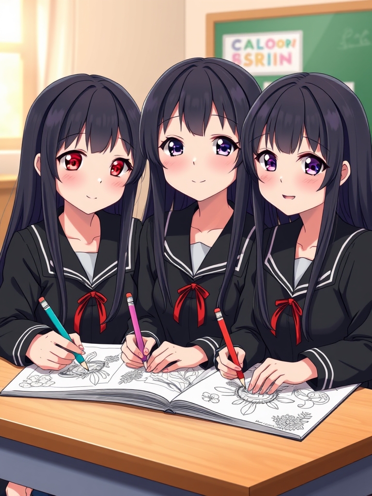 سه قلوهای نقاش،سه قلوها، سه خواهر سه قلو هستند و شبیه هم هستند و هر سه تاشون موهای بلند و مشکی دارند و لباس‌ مدرسه پوشیده اند که سیاه است و لب‌های قرمز و لبخند ملایم‌شان و چشم‌های صورتی‌شان می‌درخشید و سه قلوها کنار هم پشت یک میز نشستند و در کلاس بودند و دفتر نقاشی را باز کردند و مدادهای رنگی‌شان را ردیف کردند و در حال نقاشی کشیدن هستند15