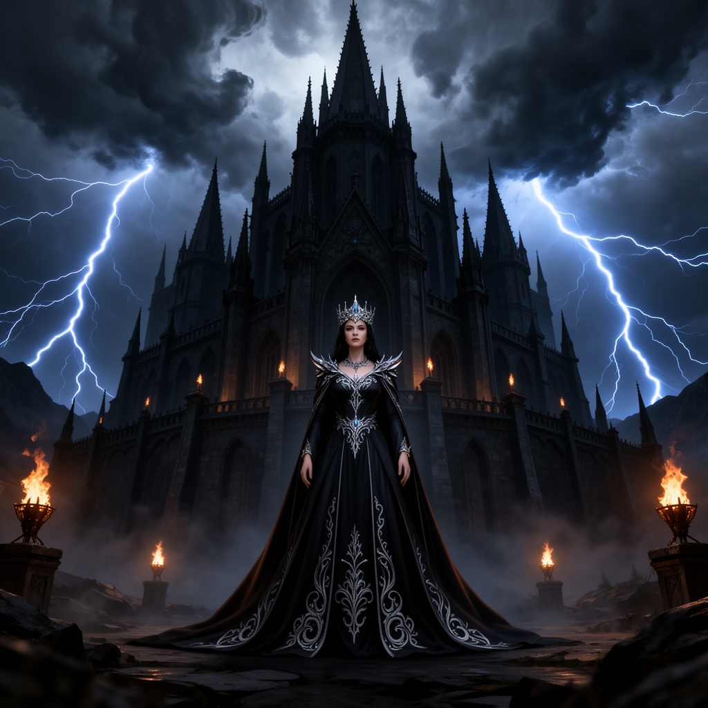 یک قصر پادشاهی سیاه بزرگ همراه با ملکه Villan world آسمان رعد وبرقی وسیاه 4