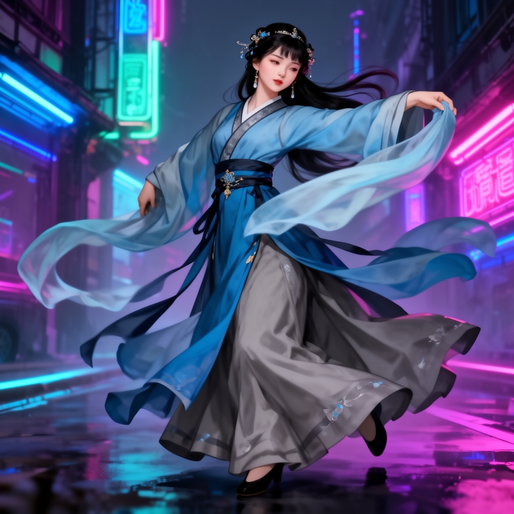 عکسی از بانوی چینی زیبا که لباس هانفوی سنتی چین را پوشیده که زیباییش را دوچندان کرده او درحال رقص است . رقص چینی . و بالا تنه اش را کمی به عقب برده و یکی از آستین های بلند و گشاد لباسش را روی اون یکی انداخته ... لباسش بین آبی و خاکستری هست0