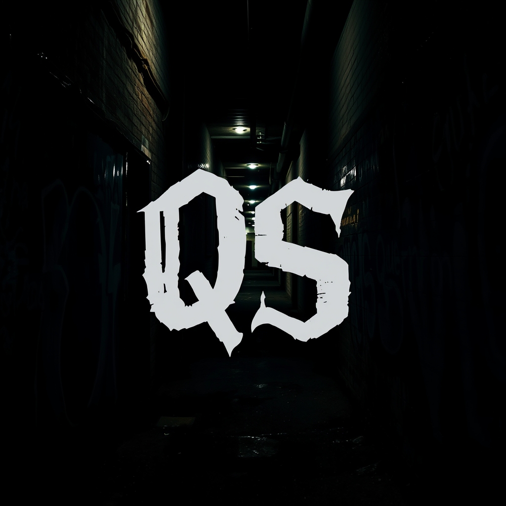 عکس یک خیابون تاریک که روی دیوار هاش نقاشی گنگ است و وسط تصویر با یه فونت گنگ نوشته QS20