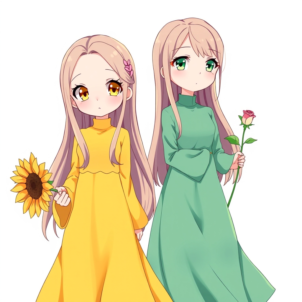 عکس دو تا دختر خاله خوشگل انیمه‌ای گوگولی که یکیش چشماش زرد باشه و یکیش چشماش سبز باشه اون که چشماش زرده یک لباس زرد هم پوشیده باشه و یک گل آفتابگردون توی دستاش باشه و اون که چشماش سبزه یک لباس با رنگ سبز آبی و یک گل خوشگل زیبا رز در دستش باشد مو های هر دو تا شون بلند باشه و یک لباس بلد پوشیده باشن9