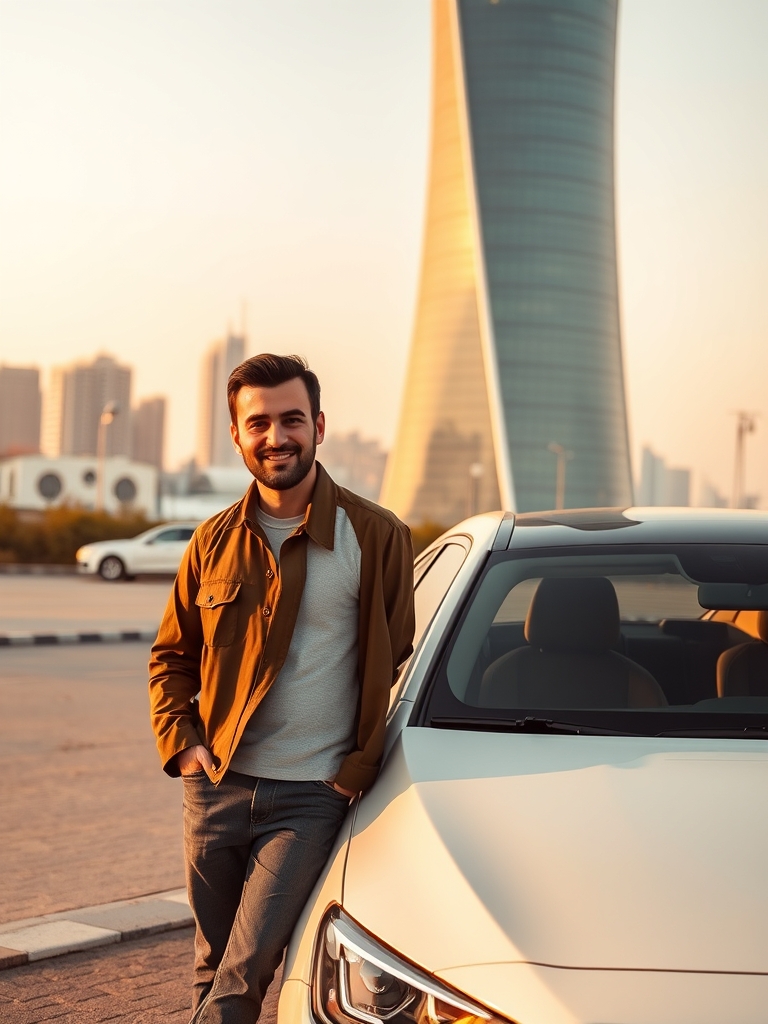 عکس یک مرد ایرانی در کنار ماشین سفید ایرانی و جلوی برج میلاد
16