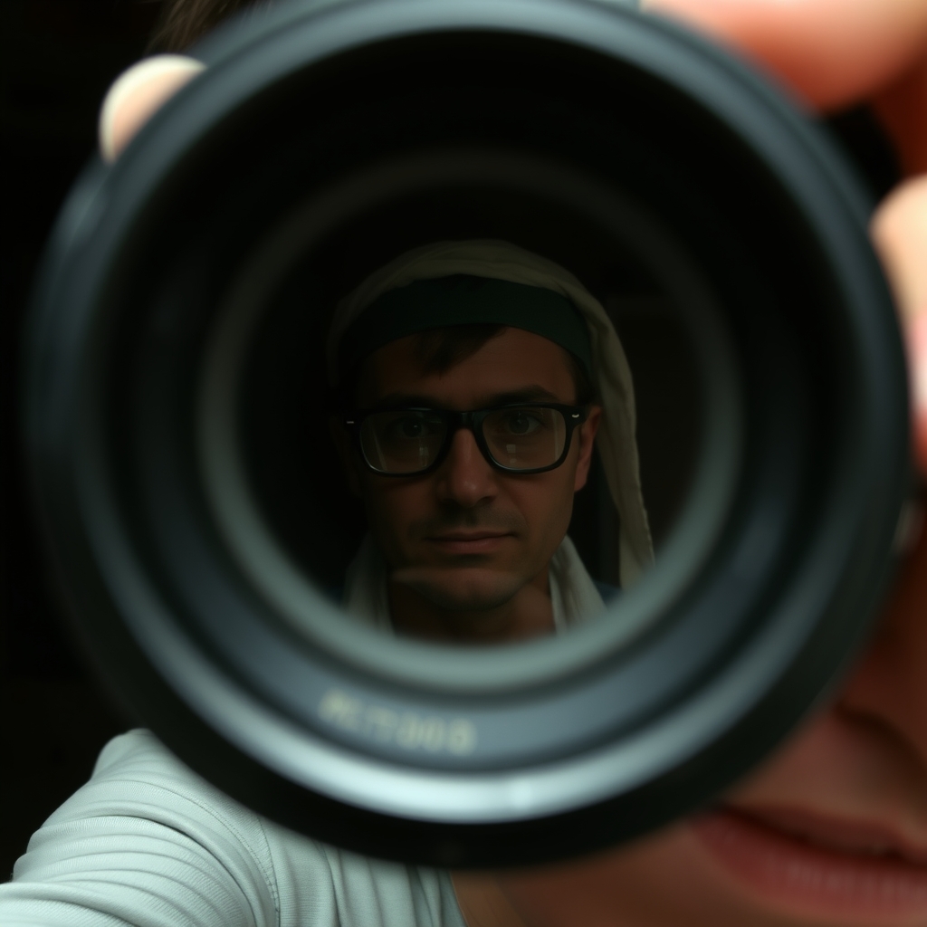 عکس یک آدمی که در حال عکس گرفت با خون آشام است و خون آشام در دوربین معلوم نمیشود و فقط عینک و تل روی موهایش دیده میشود9