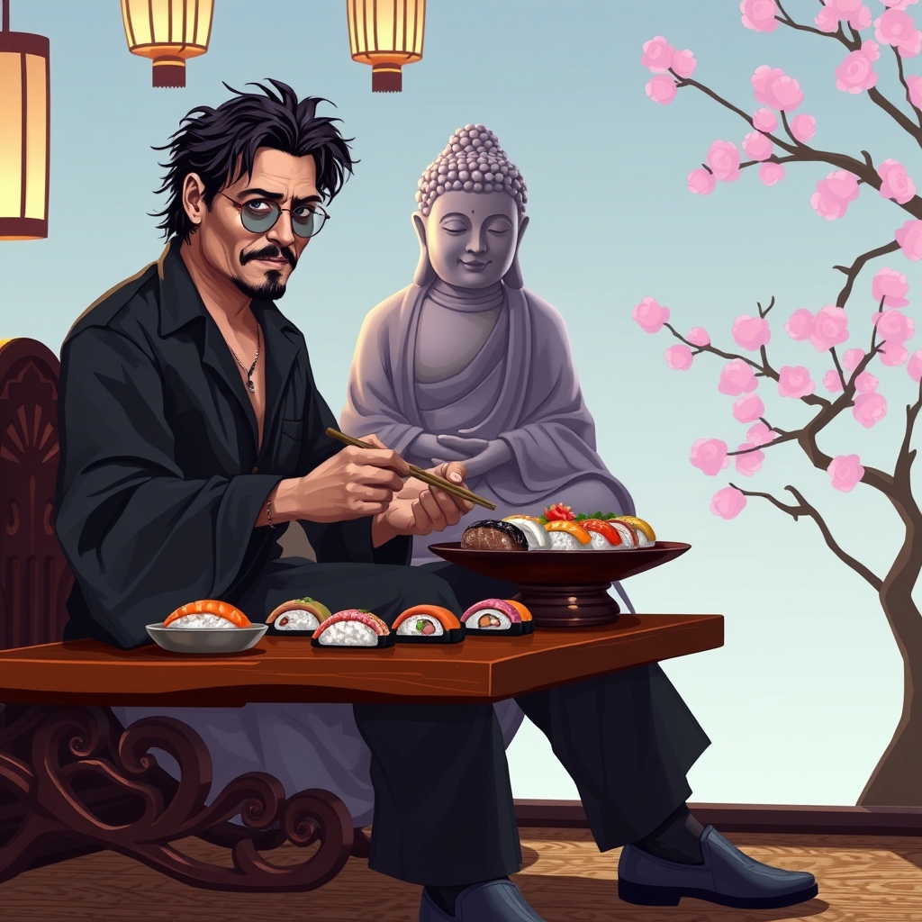 جانی دپ درحال خوردن سوشی با بودا 23
