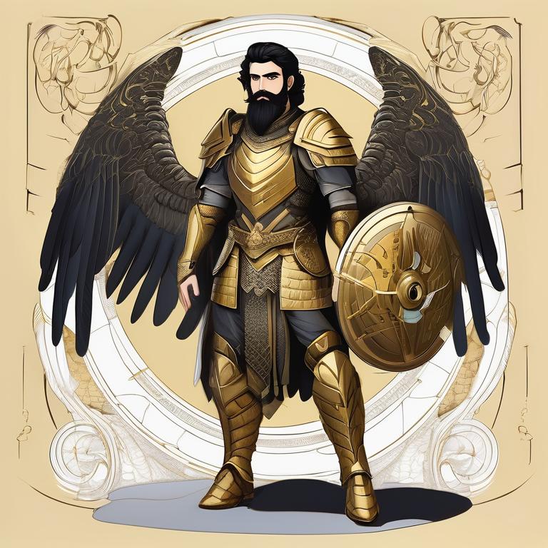 یه جنگجو مبارز مرد و کم سن و سال که با زره ای از جنس طلا ساعت چهار گانه و بال های فرشتگان مو سیاه به همراه ریش و سبیل ایرانی به همراه پورتال 
22