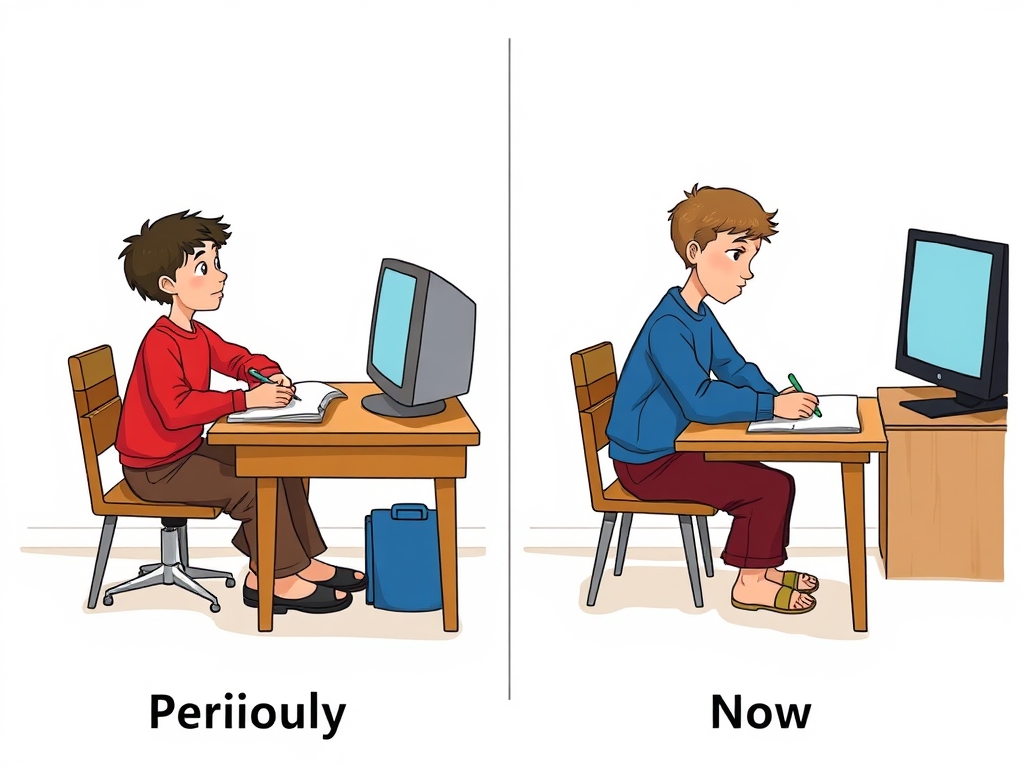 عکس را به دو قسمت تبدیل کن پایین سمت راستی بنویس قبلا سمت چپ بنویس الان 
یک پسر قرمز پوشیده که دارد درس میخواند و روی میز نشسته است و پسری در همان عکس با لبلس مشغول تلویزیون دیدن است این سمت راست 

سمت چپ همان پسر قرمز پوشیده پشت میز دارد درس میخواند و بغلش پسری با لباس آبی که ان طرف بود دارد همراه با او درس میخواند و جلوی تلویزیون خالی است2