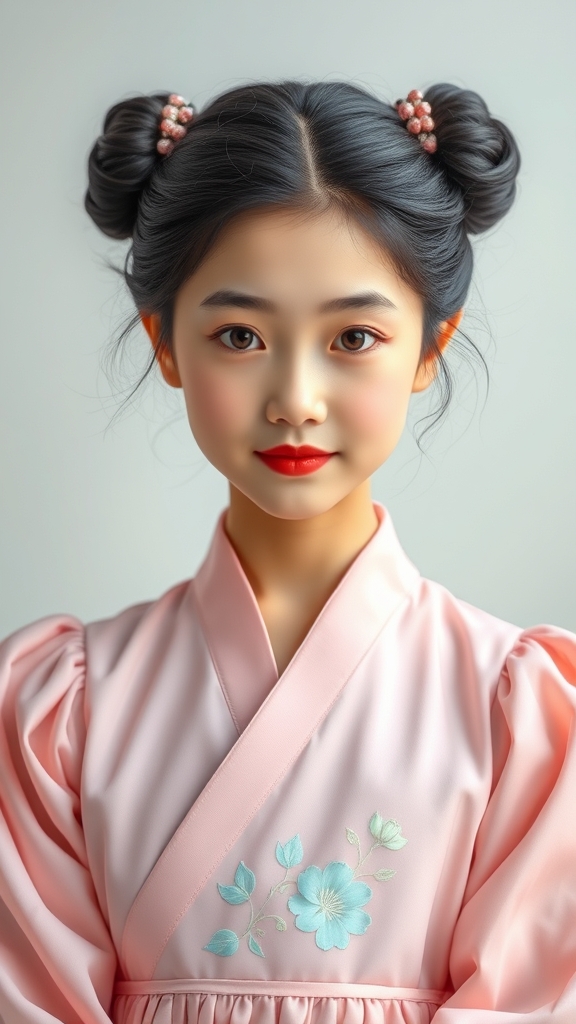 دختری زیبا و خوشگل که موهاشو مدل کره ای زمان چوسان درست کرده و لباس پرنسسی به رنگ صورتی کمرنگ پوشیده که داخل لباس به گلهای ریز به رنگ آبی آسمانی طراحی شده و لبانی گوشتی به رنگ قرمز داره گونه های گل گلی به رنگ هلوی  وچشمانی درشت به رنگ قهویه تیره 0