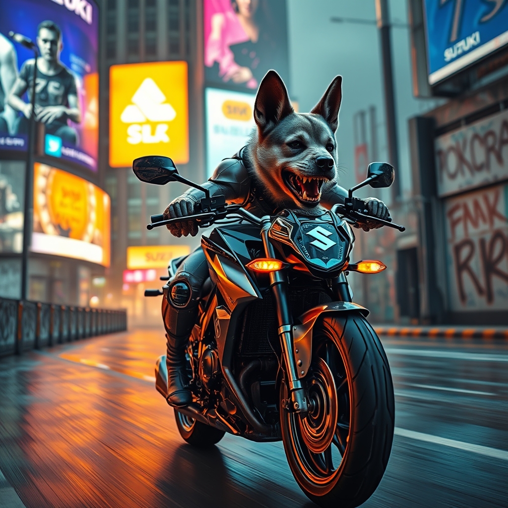 یک سگ عصبی ،
با پاهای مانند انسان
سوار بر موتور سوزوکی 9