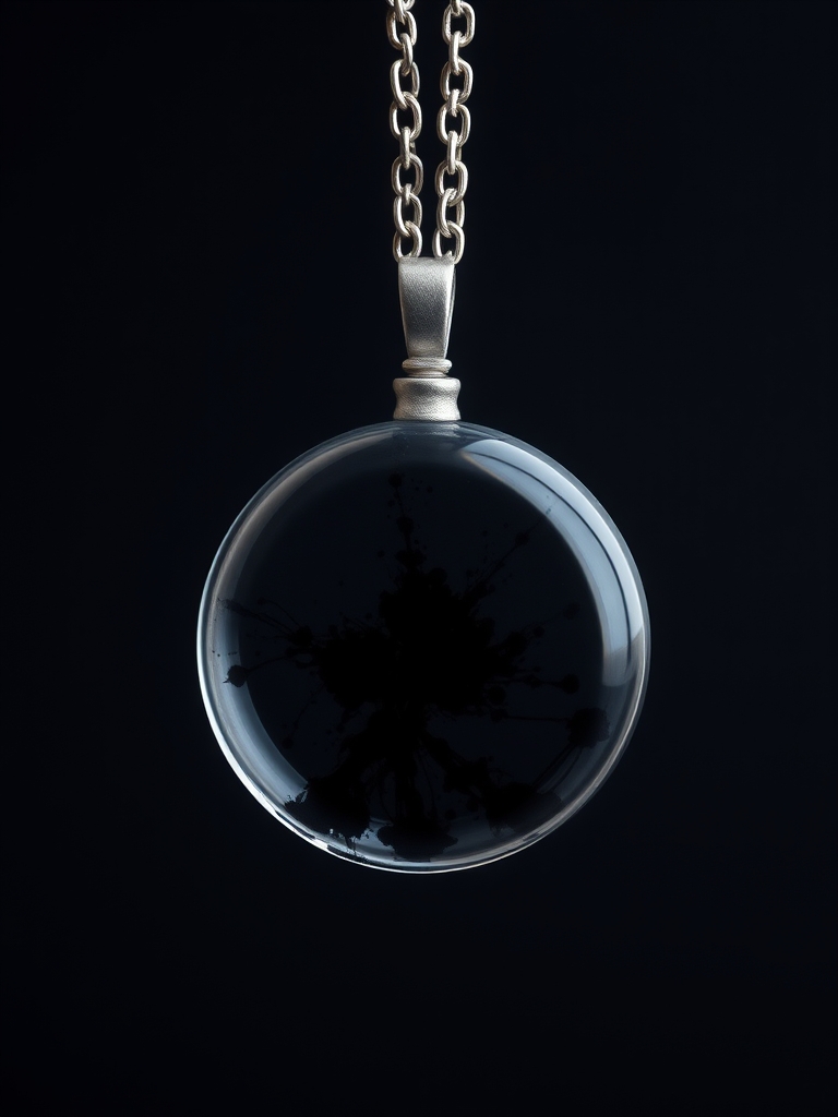 یه گردنبند با زنجیر نقرهای رنگ
دایره مشکی دارد و خودش شفاف و شیشهای است و درونش جوهر سیاه پخش شده6