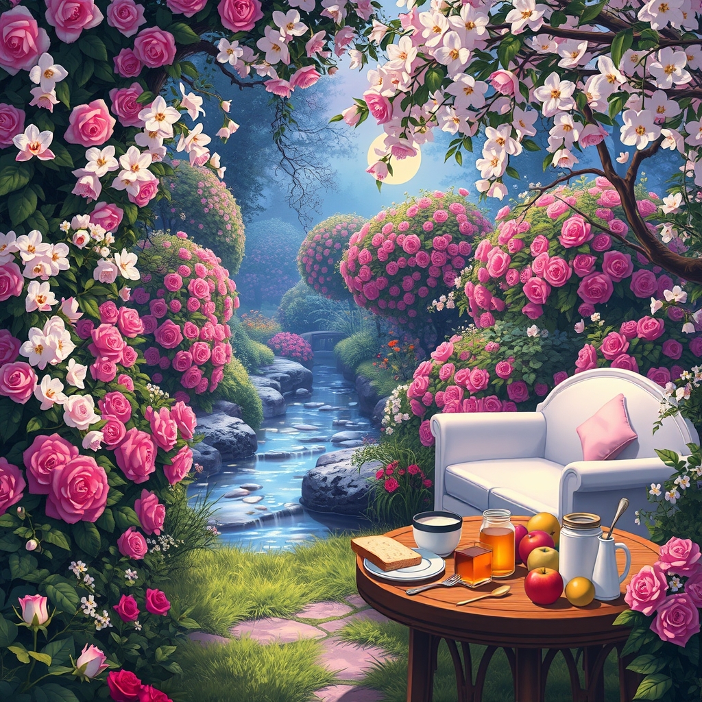 باغ افسانه ای پر گل های نایاب رز اطلسی شب بو یاس مریم ارکیده لی لی یم 
دالانی پوشیده از بوته های گل سرخ و خروش رودخانه ای جاری 
میزی در میان گل های زیبا زیر سایه درختان پرشکوفه سیب 
با یک مبل راحتی ساده و سفید 
روی میز تکه نان ظرف کره خامه عسل مربا شیر و میوه هست2