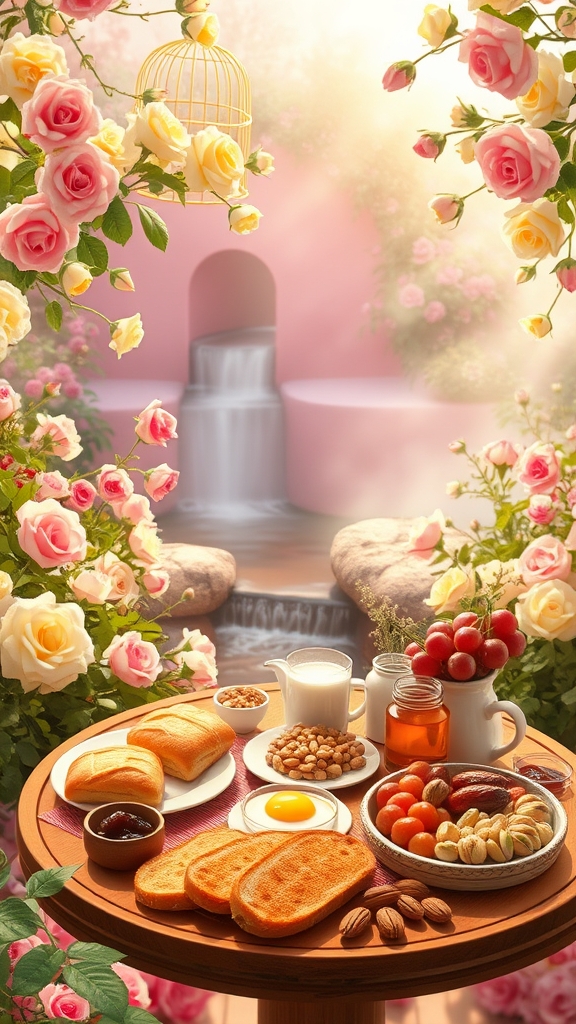 صبح بهاری باغ زیبای گل رز در رنگ های زرد سفید صورتی و قرمز و رودهای جاری و آبشار با سایه بان تور صورتی تخت خواب صورتی نزدیک تخت خواب میز گرد و چوبی صبحانه پر نان کره خامه عسل مربا شیر شیر برنج کلوچه باسلوق باقلوا و میوه مثل انگور سیب خرما آجیل مثل گردو بادام پسته



2