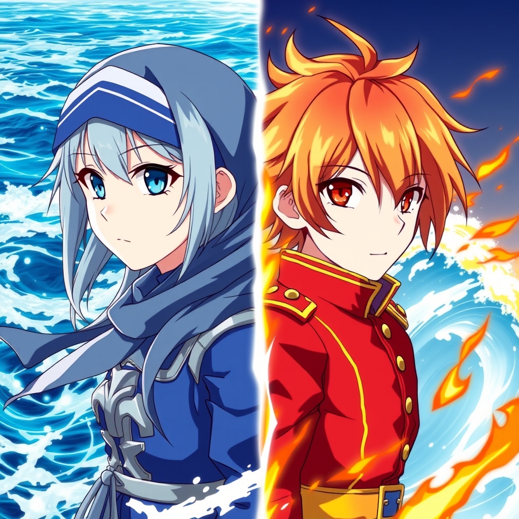 نصف صفحه عکس عنصر آب در ضاهر یک دختر 20 ساله که موهای آبی کمرنگ بلند دارد چشمانی به رنگ آبی پررنگ و لباس زرم سرمه ای و آبی پوشیده و پشت سر او دریا ی خروشان است🌊 و نصف صفحه ی دیگر عکس عنصر آتش در ضاهر یک پسر 20 ساله که موهای قرمز کمی بلند که سر موهایش زرد رنگ است و چشمانی قرمز روشن دارد و لباس رزم قرمز و زرد پوشیده و پشت سر او موجی از آتش است🔥 و در حال مبارزه اند 18