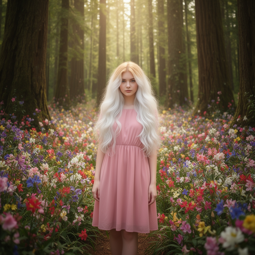 دختری۱۹ ساله خیلی زیبا بالباس صورتی ملایم بلند پفدار موهای طلایی سفید درجنگل قصری خیلی خیلی بزرگ زیبا پر ازگل درخت 3