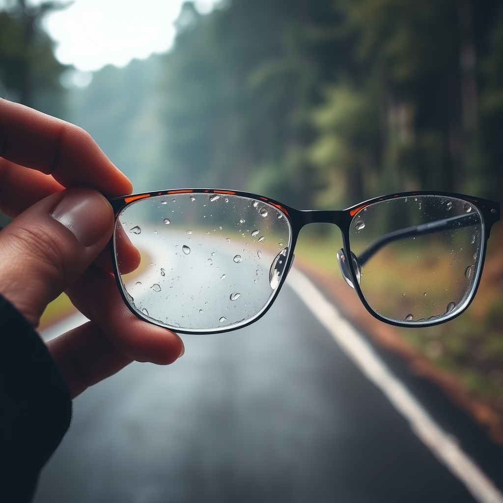 یه عکس خفن با عینک که دست یه شخصه و بارون شیشه های عینک رو خیس کرده و رو به جاده که اطرافش جنگله پرتره زیبایی ساخته18