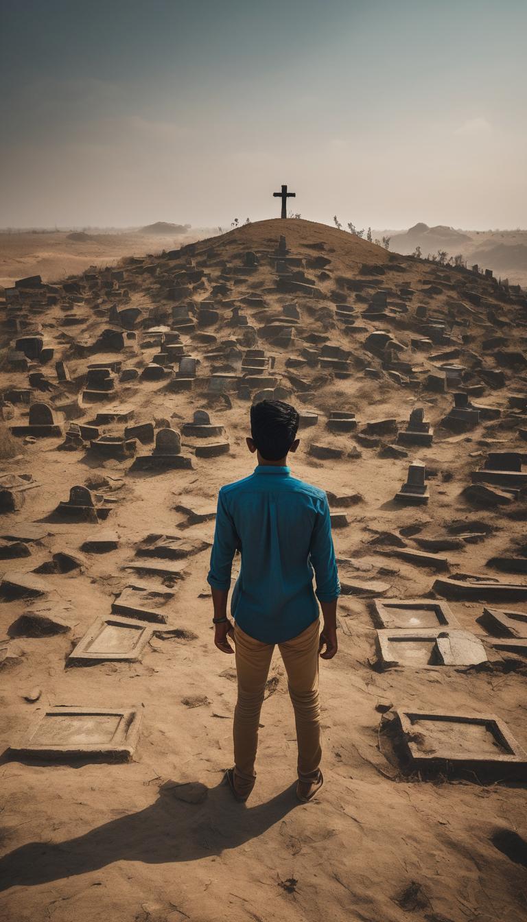 تصویری از مردی جوان سرخپوست
از پشت که در تپه ای کویری ایستاده و در کمال ناباوری به «خاک کردن پدر و مادرش را توسط دوستانش» در قبرستانی نیم خراب در «روبرویش» میبیند17