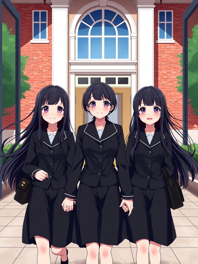 سه قلوها ، سه خواهر سه قلو که خیلی شبیه هم هستند و با موهای بلند و مشکی که در باد میرقصید و هر سه تاشون لباس مدرسه پوشیده اند که سیاه است و دست در دست از در مدرسه وارد شدند. لبهای قرمز و لبخند ملایمشان و چشمهای صورتیشان در صورتشان میدرخشید و هر سه کیف مشکی مدرسهشان را بر روی شانه انداختند و لبخند میزنند و پشت سر آنها مدرسه است17