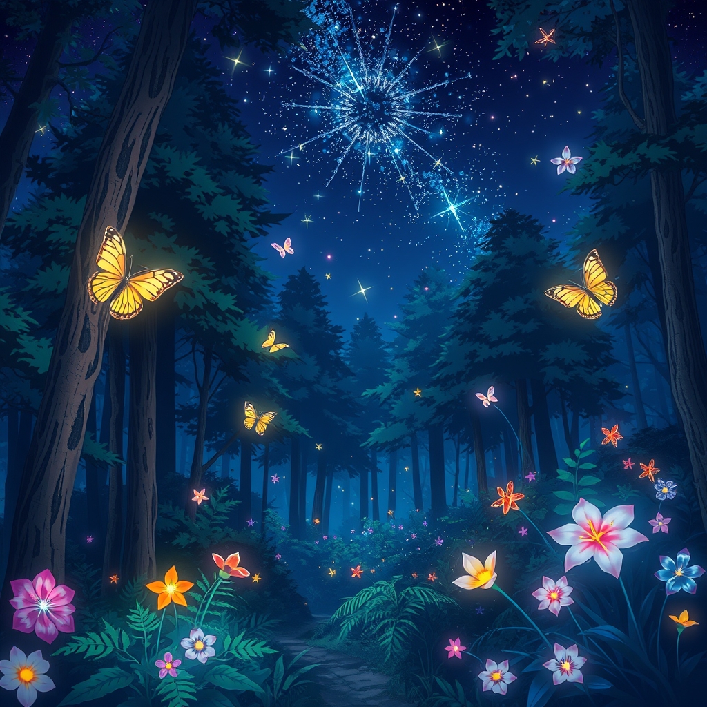 عکس شب در جنگل و ستاره های زیبا پروانه های نورانی و بی رنگ و گل های رنگارنگ و نورانی0