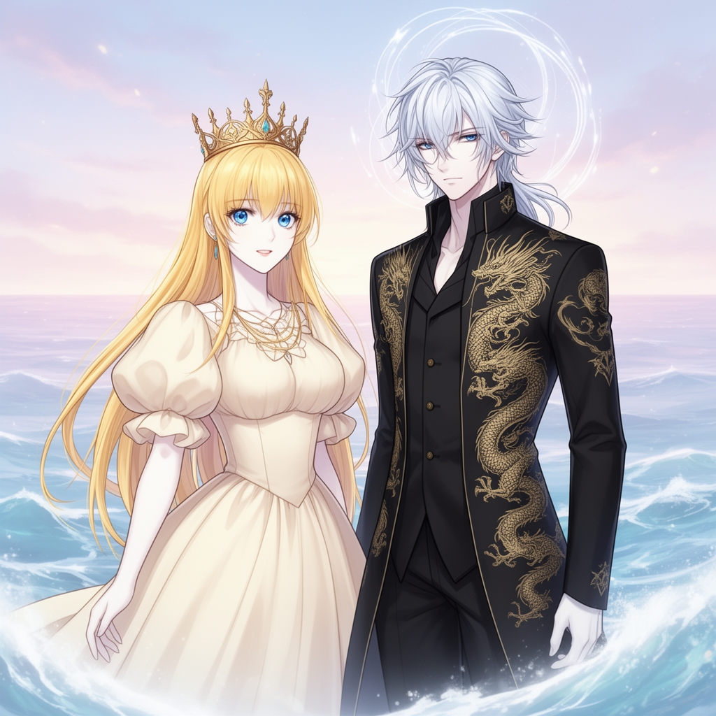 زیباترین بانو در جهان حتی در رویایی که شکوه خدا را داشته باشند که با موهای زرد رنگ و با پوستی سفید باشد و با چشمانی آبی رنگ که در مردمکش دریا باشد رنگ که لباس سلطنتی پفی کرمی آستین پفی برتن داشته باشد چه تاجی بر سر داشته باشد و در کنارش
زیباترین مرد جوان در جهان حتی در رویایی که با موهای نقرهای بلند و با پوست سفید و با چشمان آبی رنگ که در مردمکش دریا که لباس سلطنتی مشکی که اژدهای طلایی برویش حکاکی شده باشد و پشت سرش جای رویایی باشد5