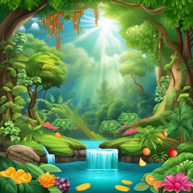 تصویر بهشتی پر از درخت با میوه ها فراوان و جوی های پر از اب23