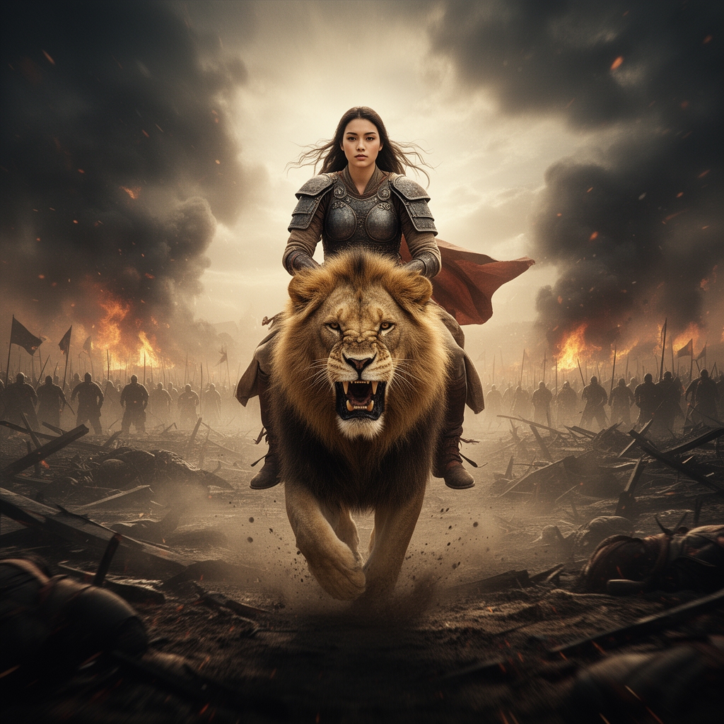 یک دخترجوان سواربرشیرخشمگین دروسط میدان جنگ باشمشیربادشمنان ایران میجنگد5