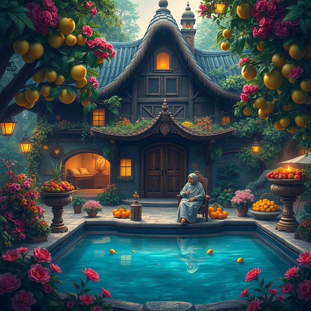 خانه باغی قدیمی دارای حوض و باغچه پرازگل با درختان تنومند و پرمیوه و دربی چوبی و اتاقهای کاه گلی و گلدان هایی که به دور حوض گذاشته شده و پدربزرگ و مادربزرگ روی تخت توی حیاط نشسته و میوه میخورند8