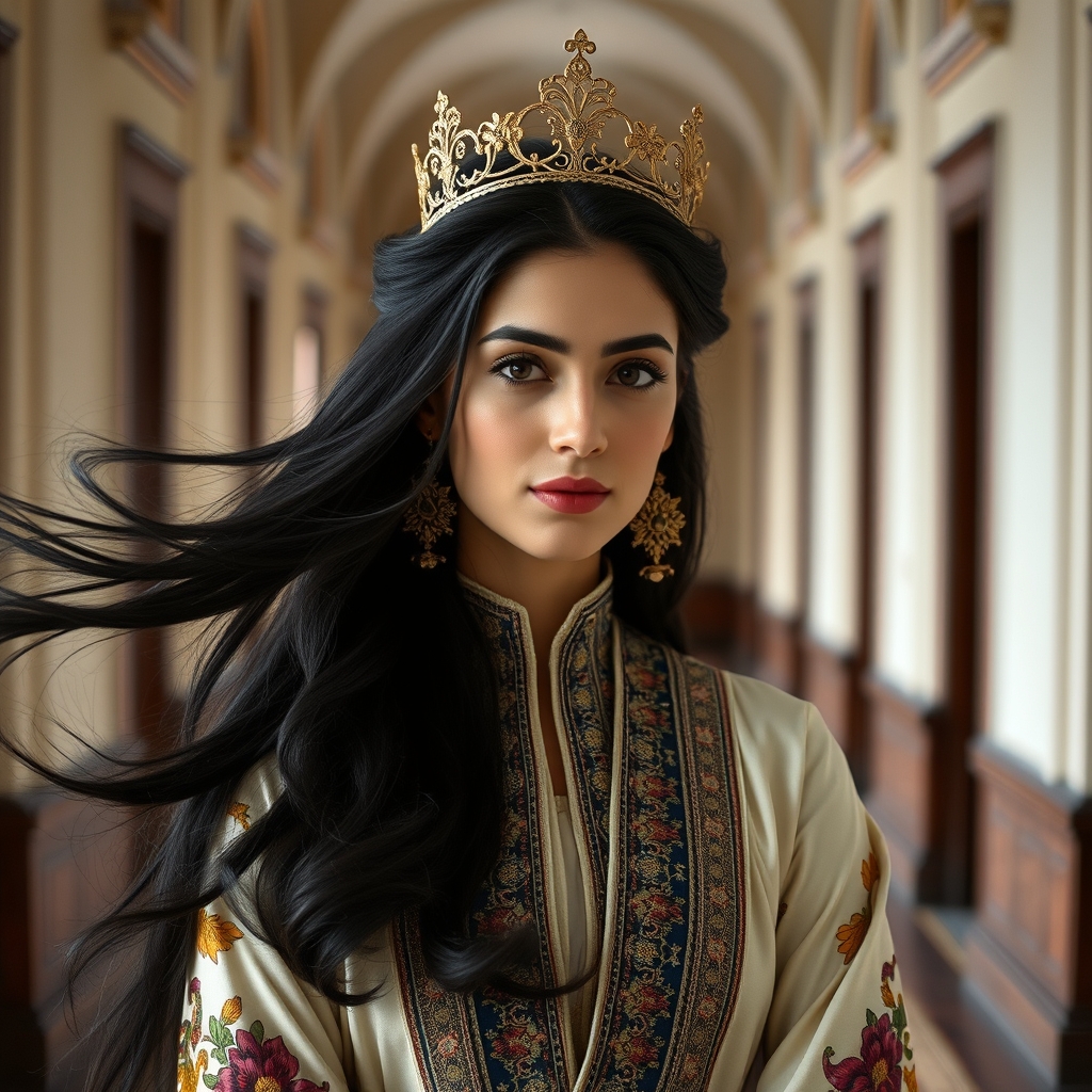 یک شاهزاده دختر زیبای ایرانی با مو های مشکی و لخت و تاجی ظریف و زیبا و لباسی با طرح هایی شبیه به فرش ایرانی4