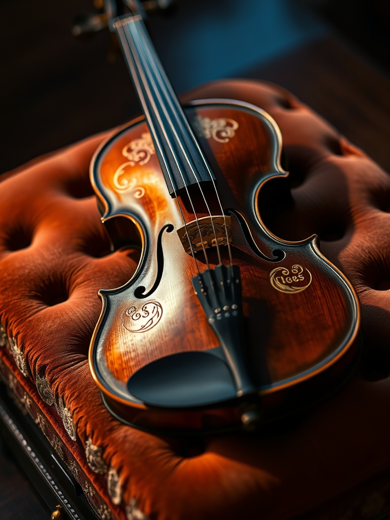 یک ویولن عتیقه با حکاکی‌های طلایی، قرار گرفته روی یک بالشت مخملی زیر نور نرم.22