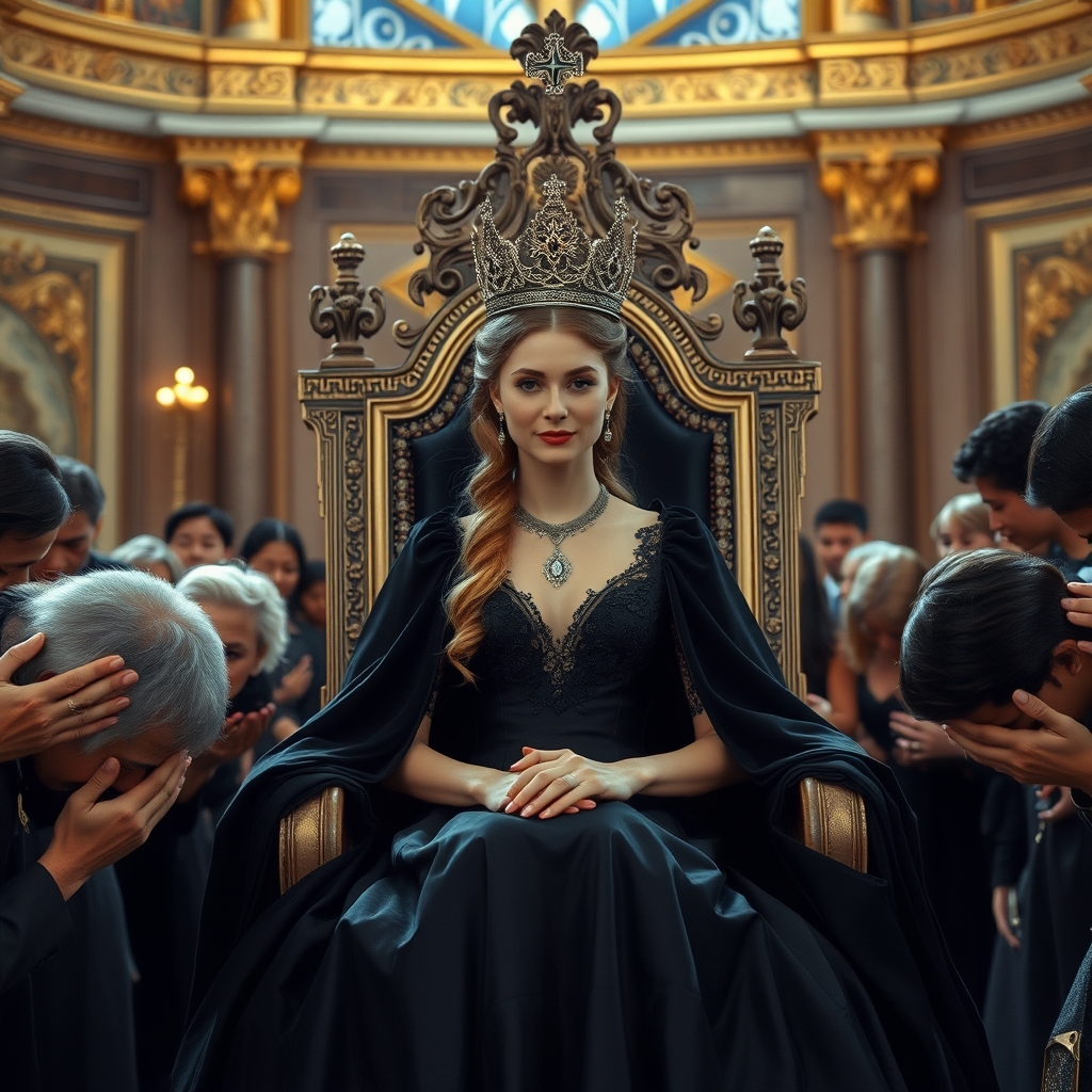 زیبای خفته در قصر باشکوه با قیافه ی پکر فیس و تاج و لباس اشرافی مشکی روی صندلی جای پادشاه نشسته و همه به او تعظیم میکنند13