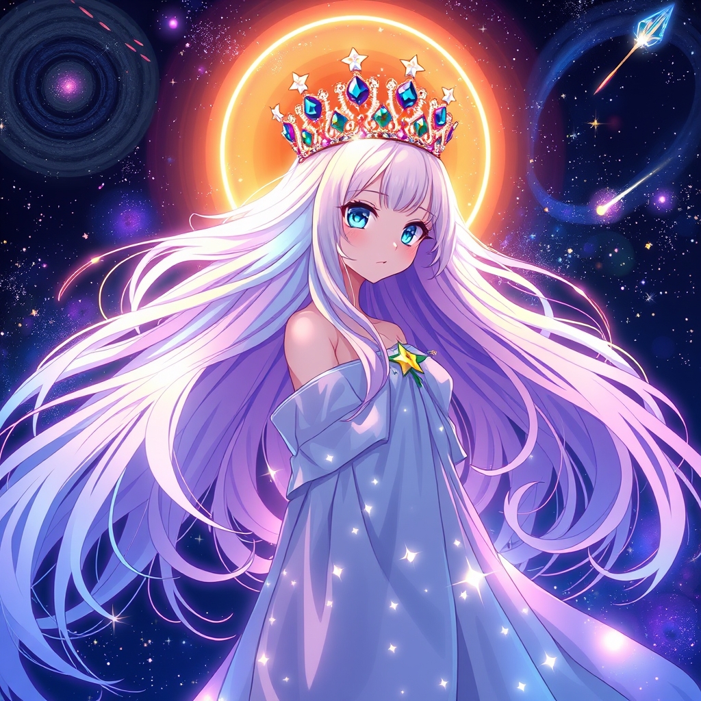 قدم‌هایش🌠✨مثل رد شهاب در آسمان، سریع و پر از جادو. نگاهش🌌💎مانند آینه‌ی شب، پر از رمز و نورهای پنهان. موهایش🌙🌈مثل هاله‌ی رنگین‌کمان در تاریکی، نرم و درخشان. تاجش🔮👑از کریستال‌های آسمانی و غبار ستاره ساخته شده، پر از شکوه و راز. لباسش🌟🕊مثل پرده‌ای از نور، سبک و خیال‌انگیز. او ملکه‌ی ستاره‌ها است؛ پیامش این است که امید و روشنایی همیشه در دل تاریکی می‌درخشند و راه را نشان می‌دهند.16