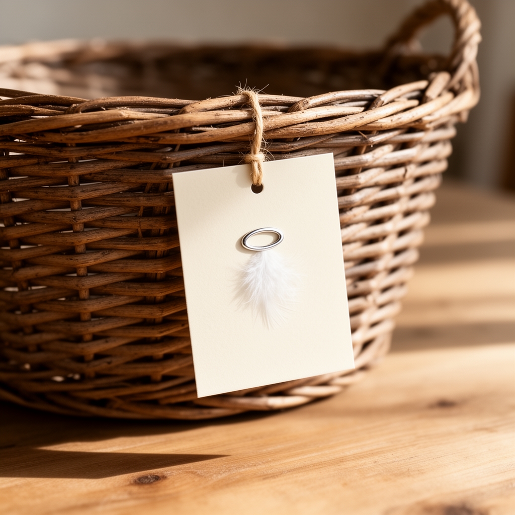 یک لیبل که شکلش ساده بدون طرح زیاد ولی مربوط به فرشتگان باشه آویزان از یک سبد حصیری
5