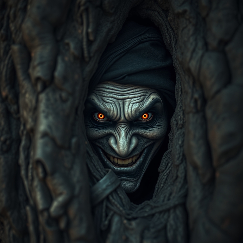 یک عکس از جنه ترسناکه مرد که پشت یک درخت قایم شده و داره به دوربین نگاه میکنه و میخنده و یک کلاه هم داره2