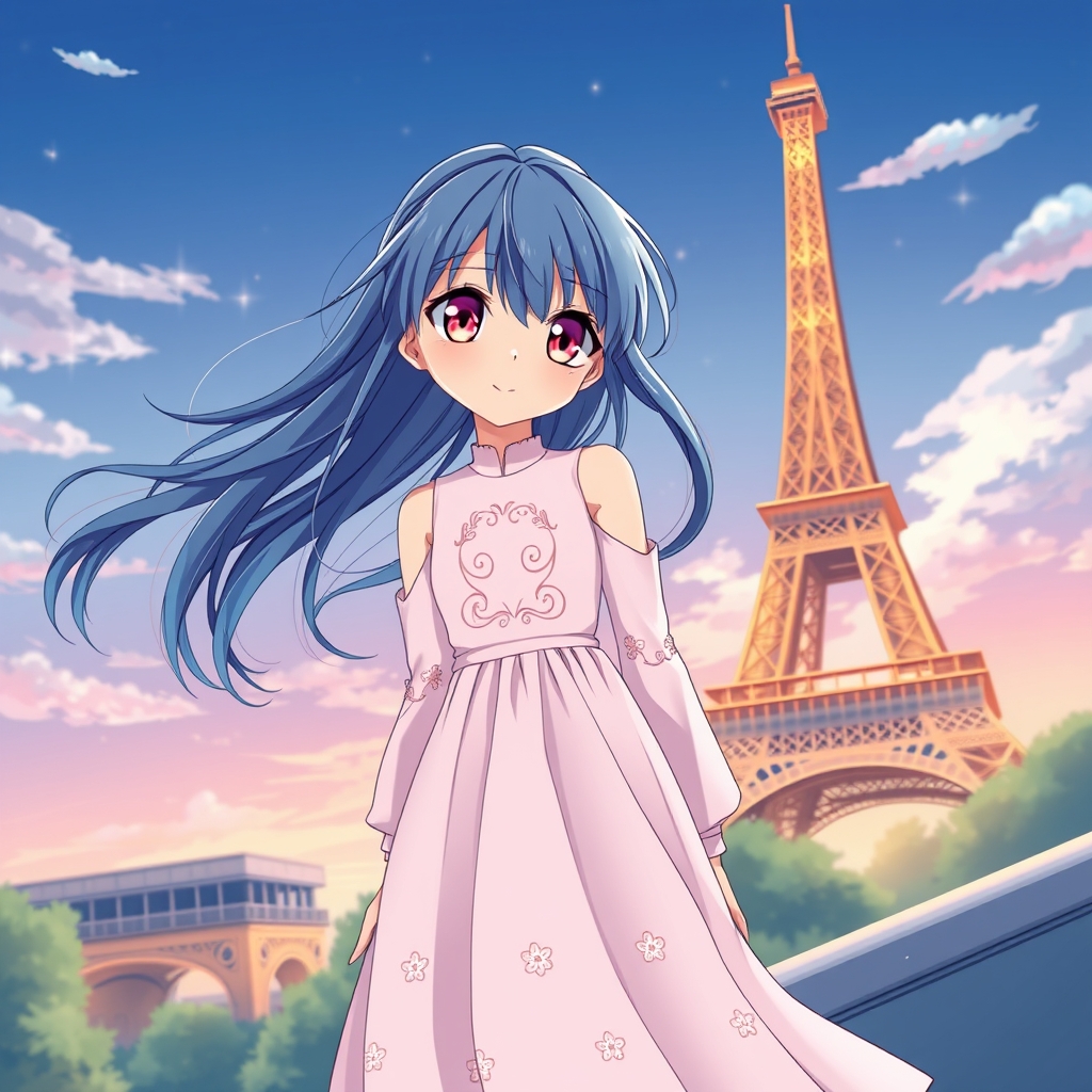 دختری جوان با موهای ابی و چشمان صورتی در کنار برج ایفل0