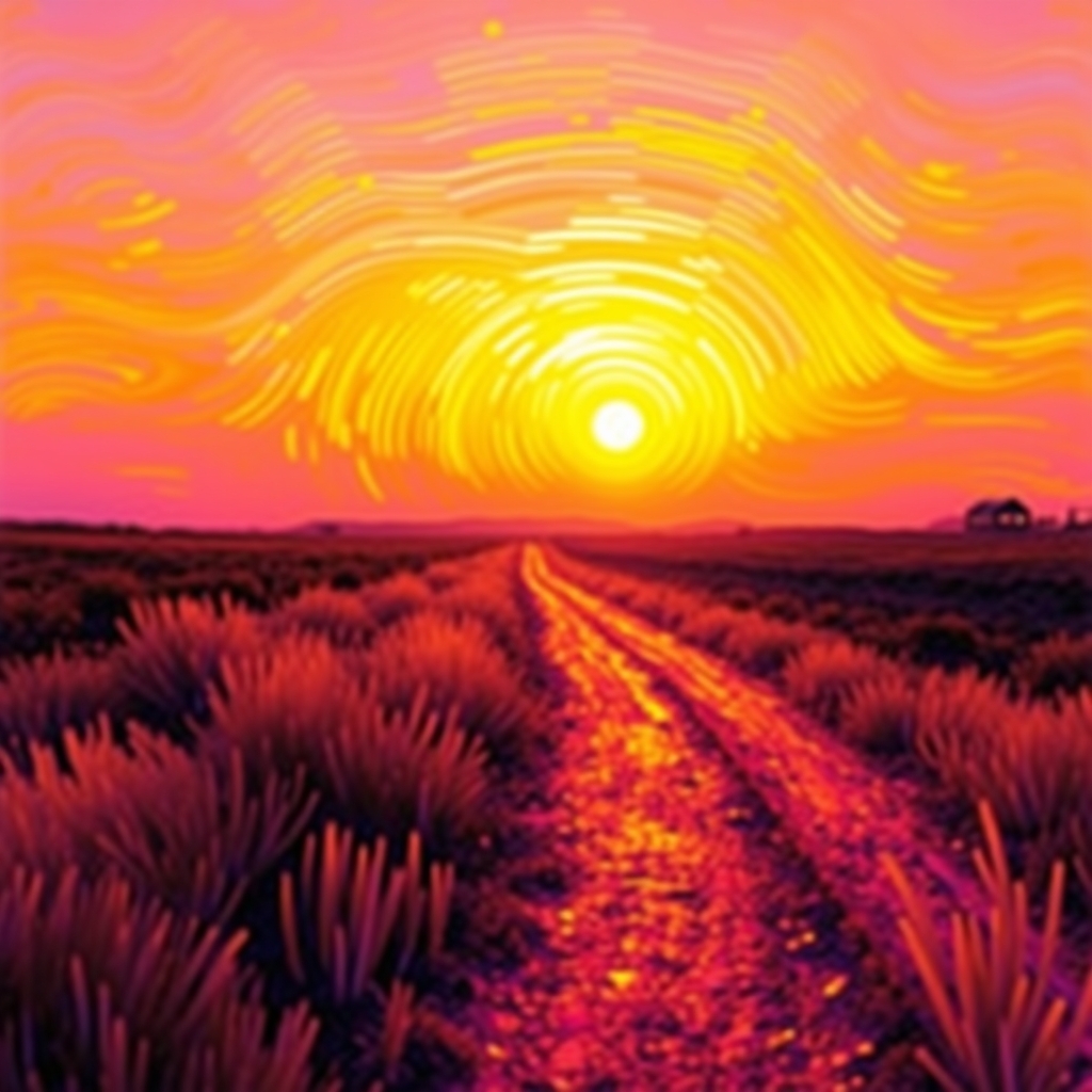 کاملا هنری باشه
عکس طلوع خورشید با رنگ های زرد نارنجی صورتی بنفش با فیلتر هنری ونگوگ 0