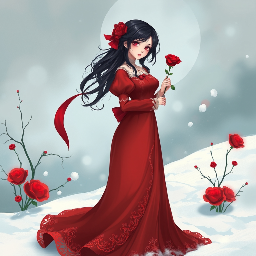 دختری زیبا با رژ سرخ و لباس بلند سرخ و ماهاست مشکی، گل رز سزخی در دستش است و بر بروی برف سفید ایستاده15