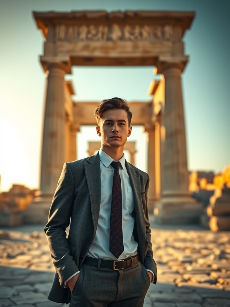 یک مرد جوان و شیک با پوشش خیلی زیبا و سلطنتی  در روبروی دروازه ورودی تخت جمشید قدیم 14